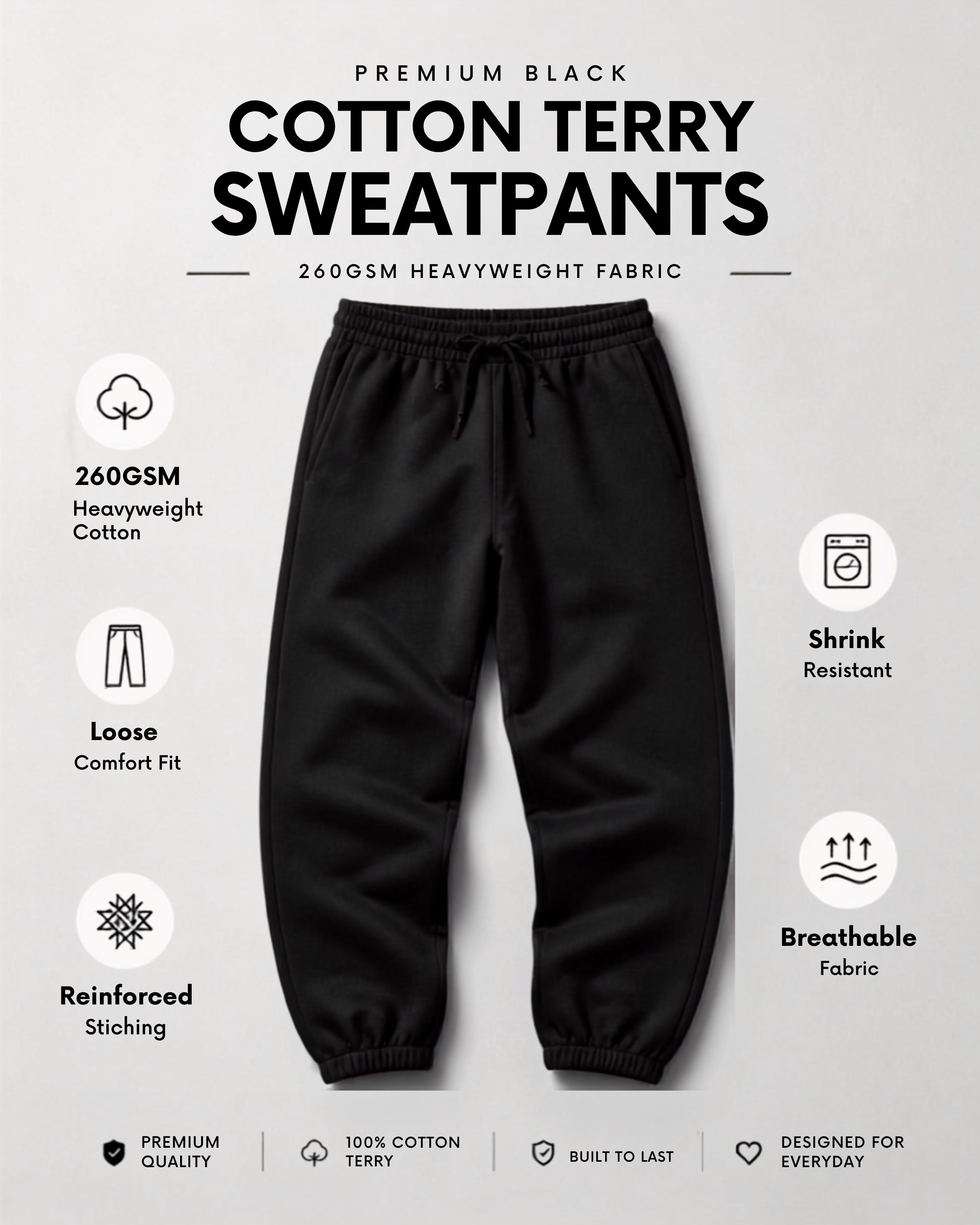 Premium Unisex Jet Black Sweatpants | 260 GSM Cotton Terry Loose-Fit Joggers