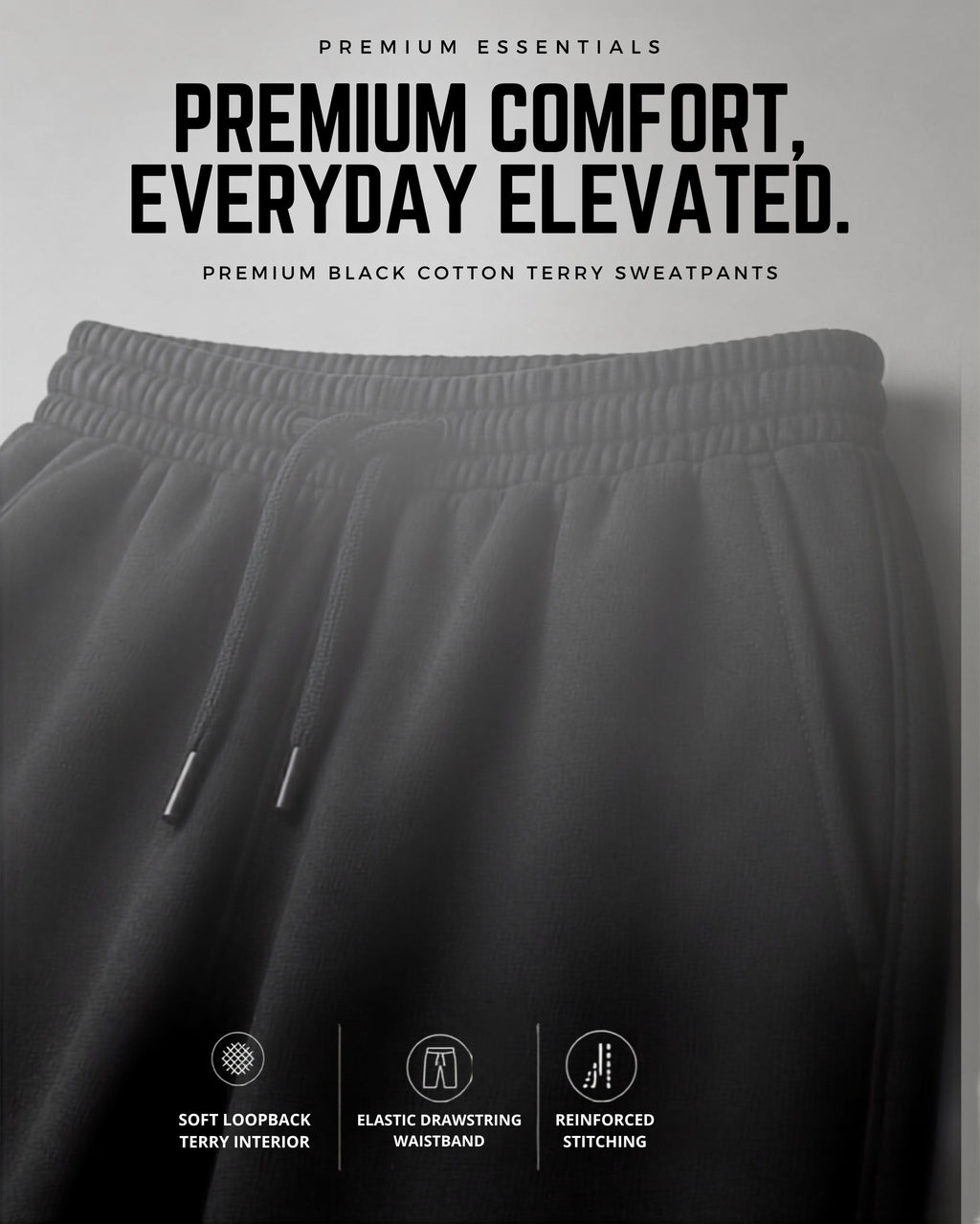 Premium Unisex Jet Black Sweatpants | 260 GSM Cotton Terry Loose-Fit Joggers