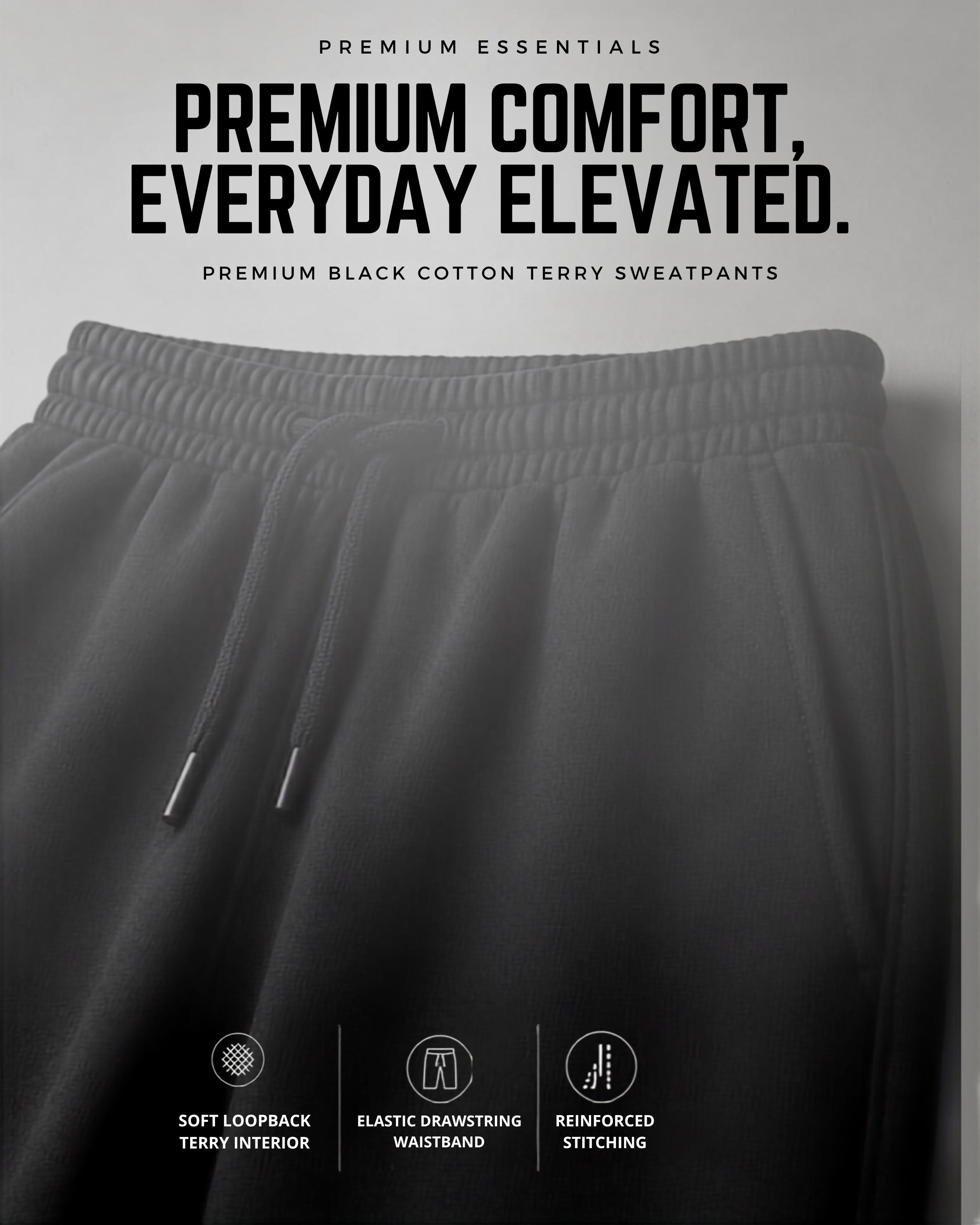 Premium Unisex Jet Black Sweatpants | 260 GSM Cotton Terry Loose-Fit Joggers