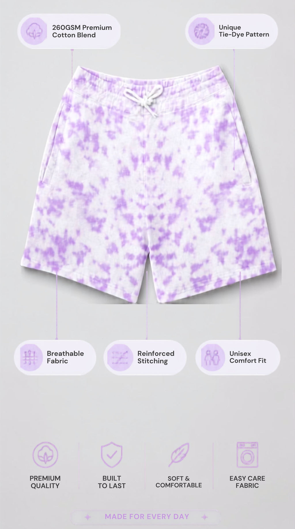Unisex Purple Tie-Dye Shorts – 260 GSM Premium Cotton Blend Loungewear