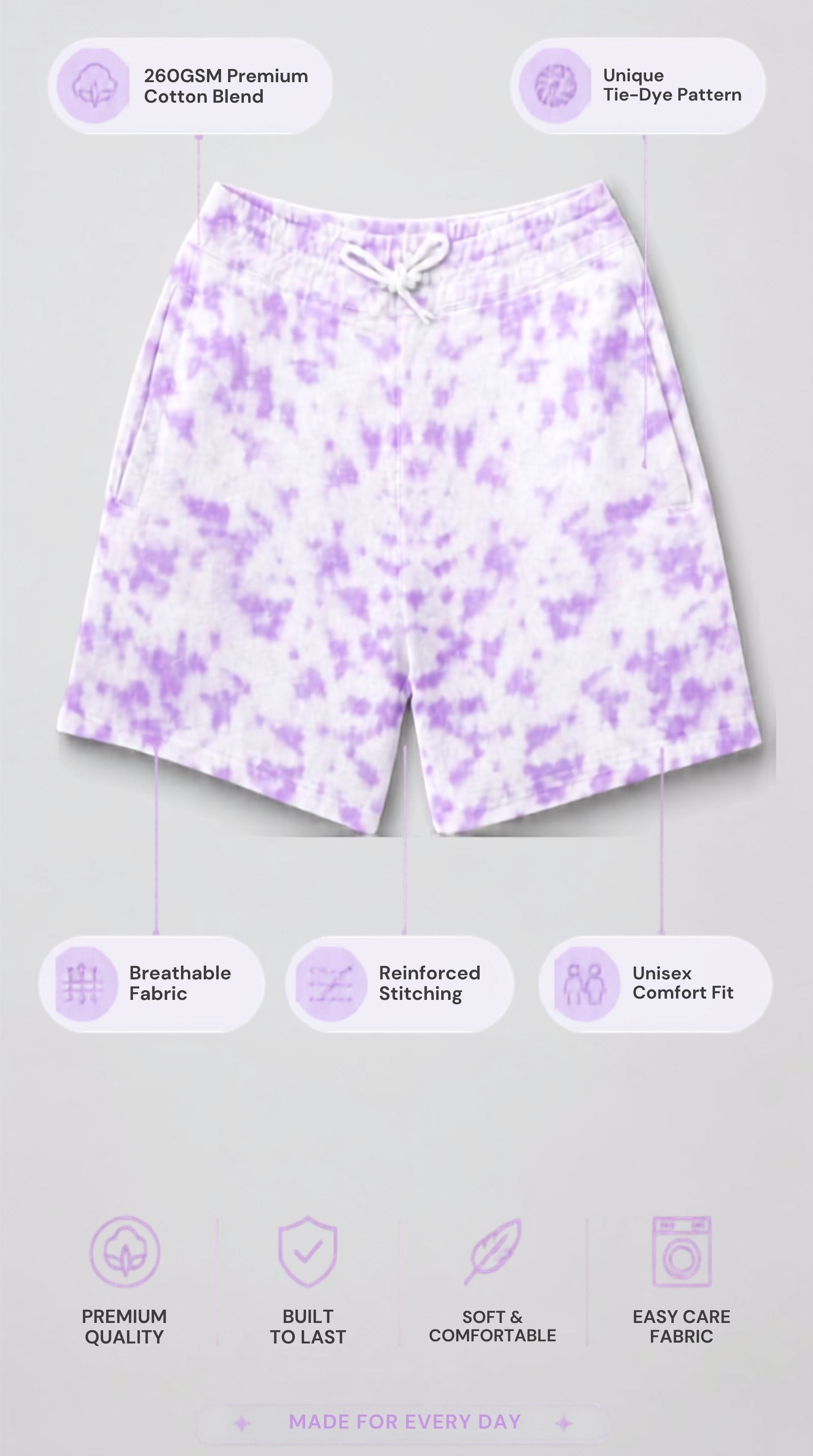 Unisex Purple Tie-Dye Shorts – 260 GSM Premium Cotton Blend Loungewear