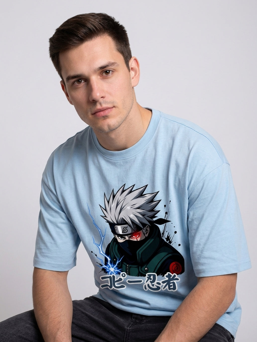 Anime "Copy Ninja" Unisex Terry Oversized Tee | Baby Blue 260 GSM