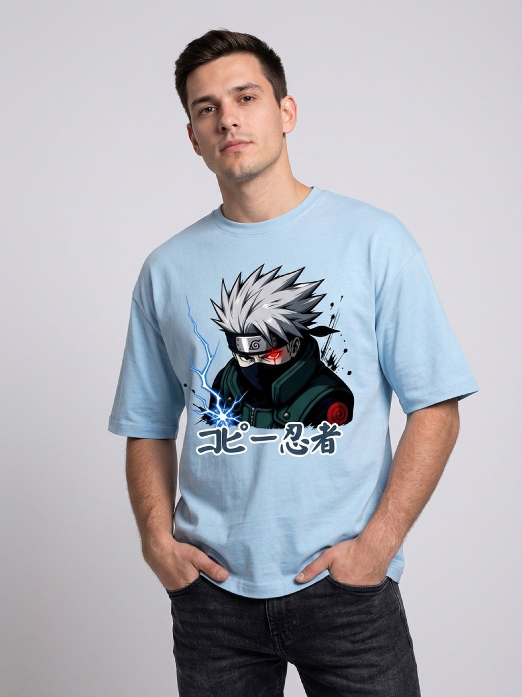 Anime "Copy Ninja" Unisex Terry Oversized Tee | Baby Blue 260 GSM