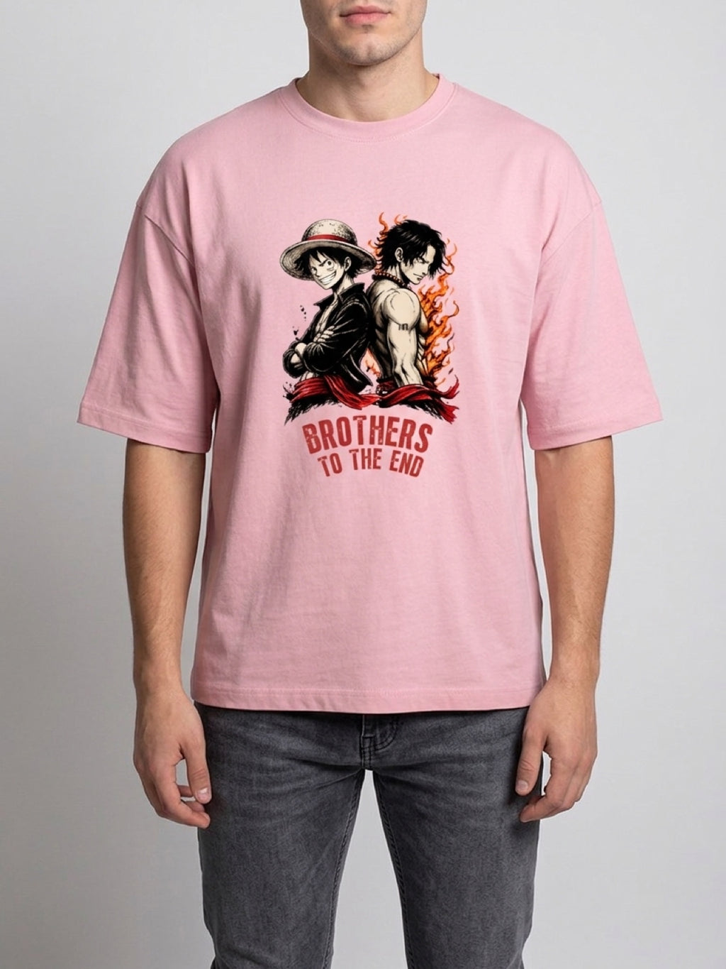 Anime "Brothers to the End" Unisex Terry Oversized Tee | Flamingo Pink 260 GSM