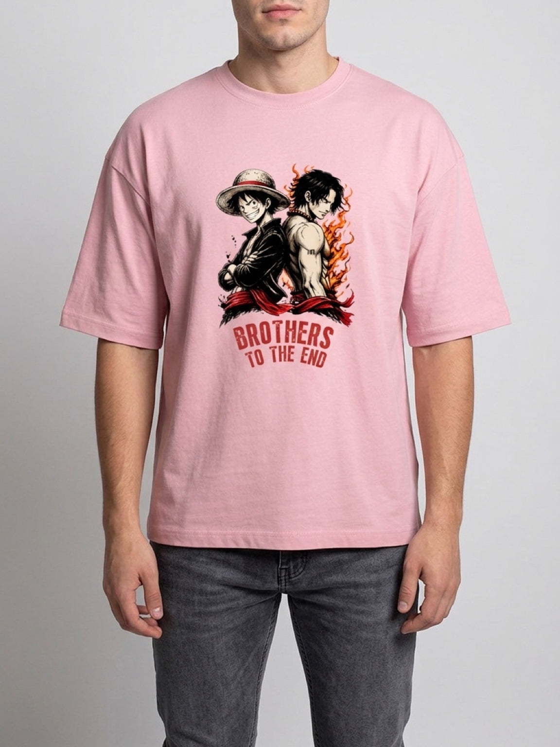 Anime "Brothers to the End" Unisex Terry Oversized Tee | Flamingo Pink 260 GSM