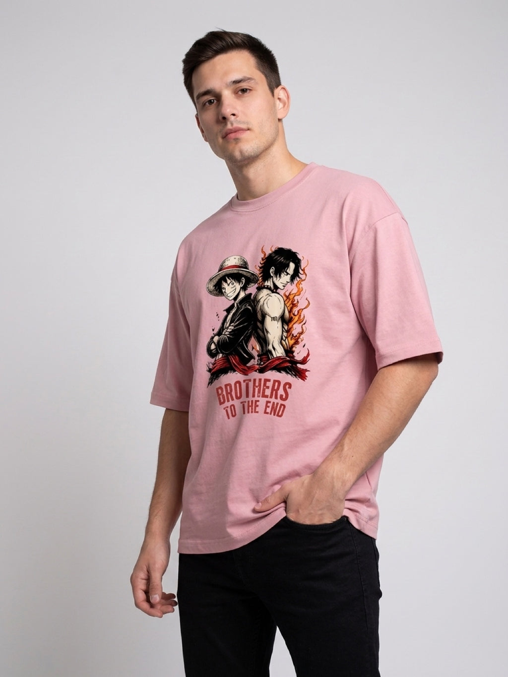 Anime "Brothers to the End" Unisex Terry Oversized Tee | Flamingo Pink 260 GSM