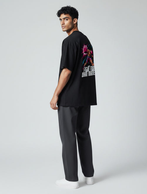 CosmoOtaku black unisex cotton t-shirt with retro anime boxing graphic on the back, worn by a male model.
