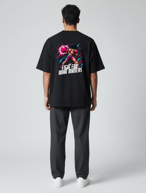 CosmoOtaku black unisex cotton t-shirt with a retro anime boxing graphic on the back, featuring pink and teal accents.