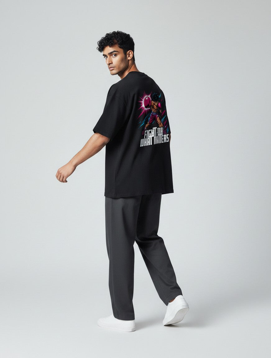 CosmoOtaku black unisex cotton t-shirt with retro anime boxing graphic on back, featuring pink and teal motion streaks.