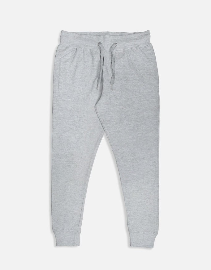 CosmoOtaku heather grey cotton blend jogger pants with an adjustable drawstring waist and ribbed ankle cuffs.