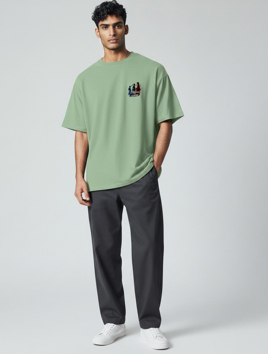 CosmoOtaku jade green unisex crew neck t-shirt with From Student to Legend anime chest graphic on a male model