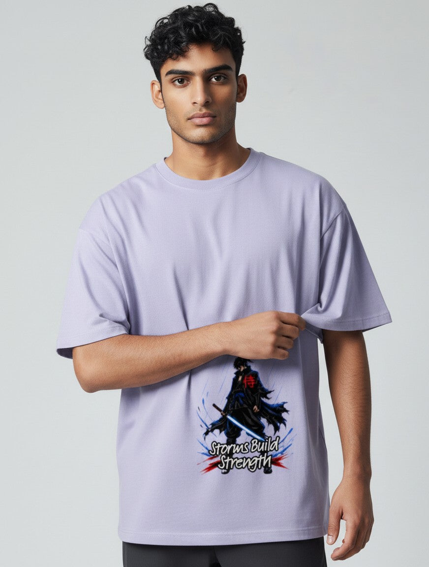 CosmoOtaku lavender Supima cotton unisex t-shirt featuring an anime swordsman graphic with a glowing blue blade