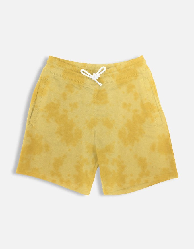 CosmoOtaku mustard yellow tie-dye drawstring shorts with elastic waistband and side pockets for casual wear.