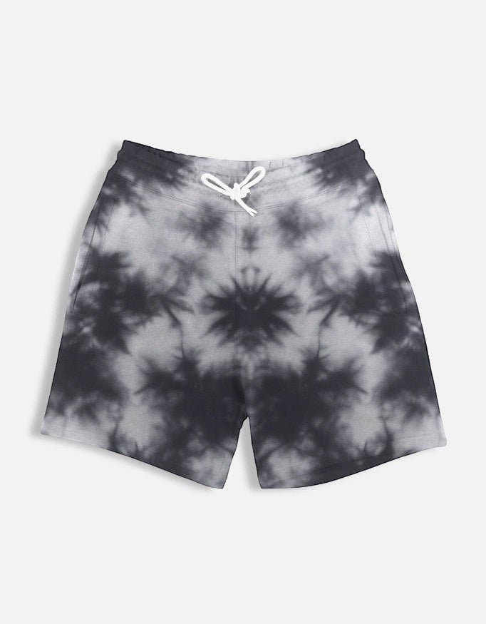 CosmoOtaku men's black and white tie-dye lounge shorts with an adjustable white drawstring and side pockets.