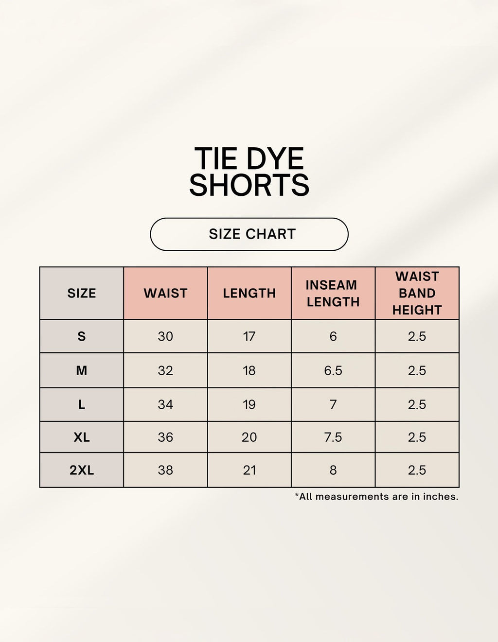 CosmoOtaku tie dye shorts size chart table with measurements for waist, length, inseam, and waistband height in inches