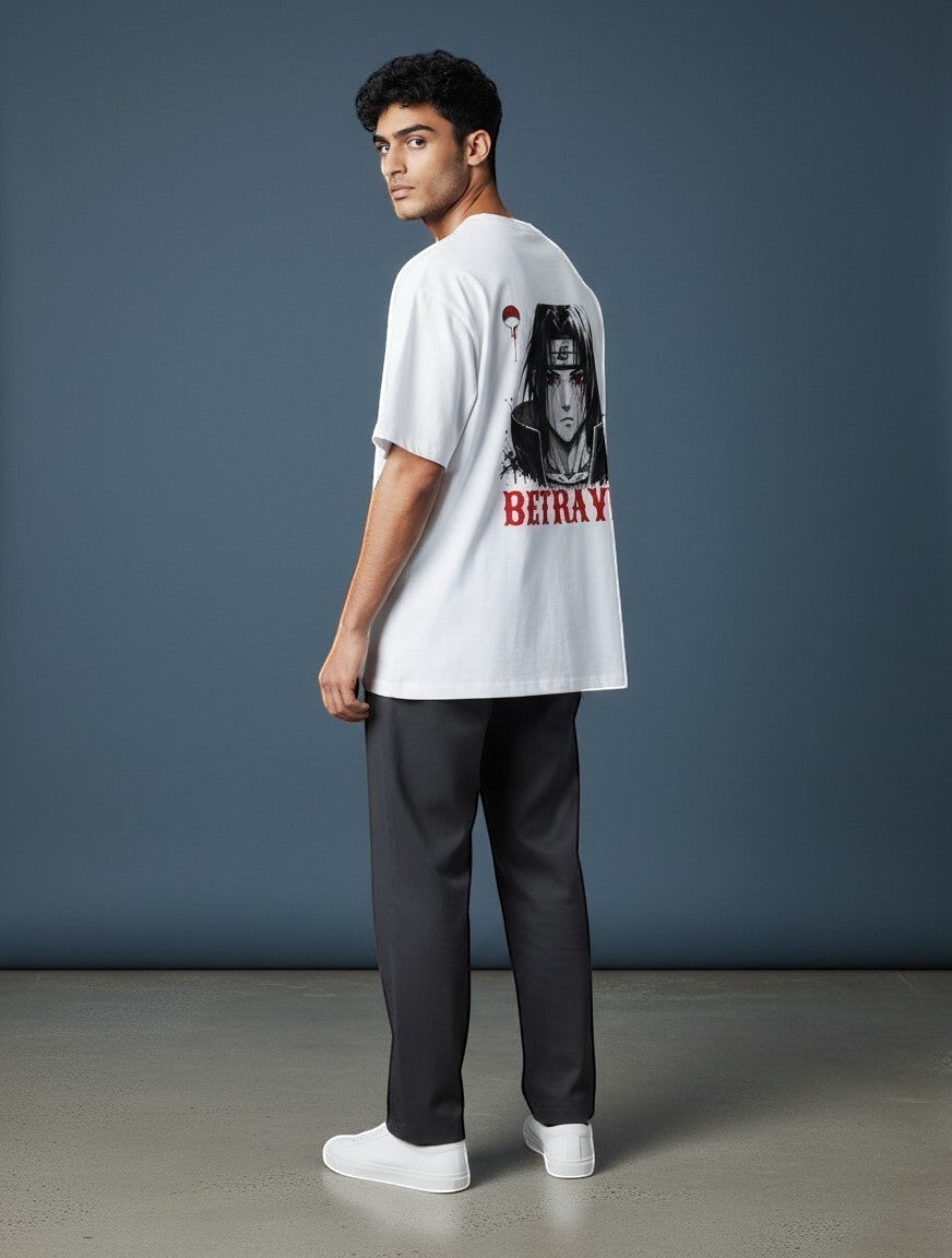 CosmoOtaku white Supima cotton t-shirt with a detailed anime character graphic print on the back, worn by a man.