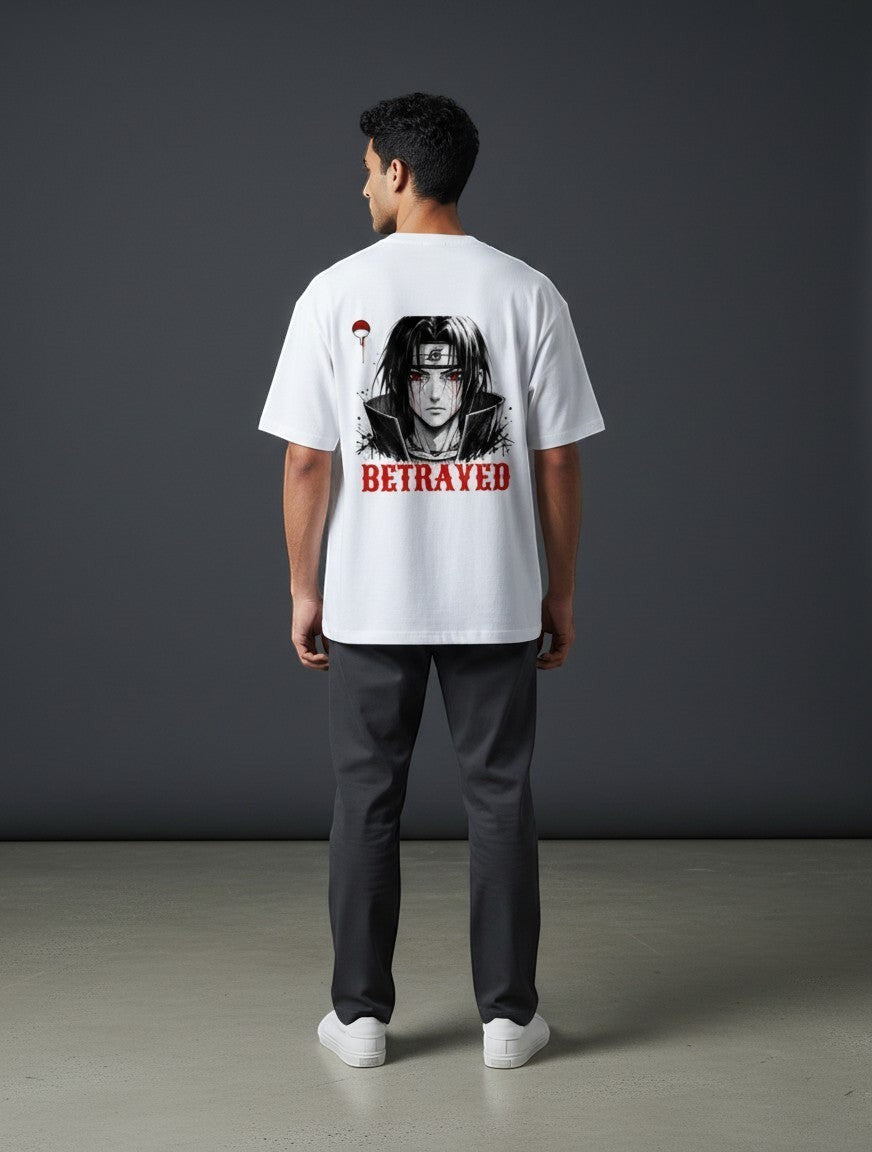 CosmoOtaku white Supima cotton t-shirt with a back graphic print of an anime character and the word Betrayed